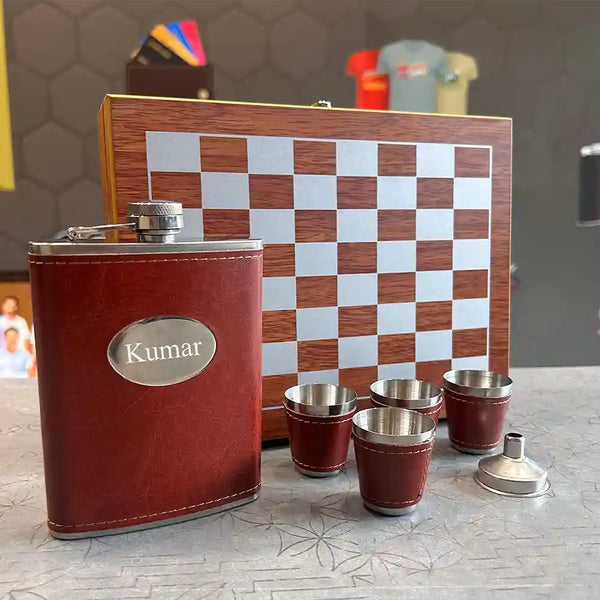 Personalized Chess Box Hip Flask Set